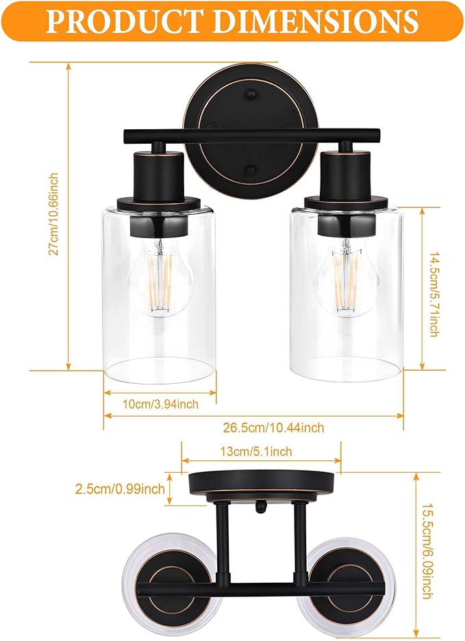 Oil Rubbed Bronze 2-Light Modern Vanity Light for Bathroom - 2-Light Oil Rubbed Bronze Bathroom Vanity Light Fixture, 2-Bulb Wall Sconce Over Sink