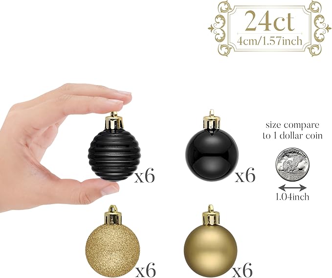 Valery Madelyn 1.57 Inches Small Christmas Tree Decorations Ornament Set for 4th of July Fall Halloween, 24ct Black and Gold Shatterproof Hanging Ball Ornaments Holiday Party Decor