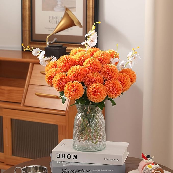 Floweroyal 24pcs Fall Flowers Artificial Chrysanthemum Ball Flower, Fake Mums Silk Hydrangea Flowers Bridal Wedding Bouquet for Home Garden Party Office Autumn Decor