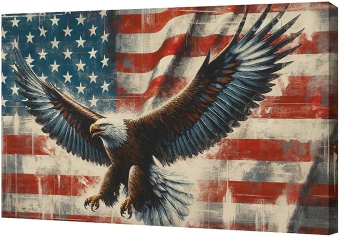 Large Bald Eagle Wall Art American Flag and Eagle Pictures Wall Decor Patriotic Motivational Bedroom Sign Canvas Painting Prints Modern Home Decoration Artworks Framed for Living Room Office 24"x16"