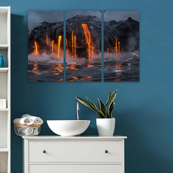 KLVOS - 3 Piece Canvas Wall Art Twilight Flow Sea View of Kilauea Volcano in Big Island Hawaii United States Modern Home Decor Stretched and Framed Ready to Hang - 16"x32"x3 Panels (1 Hawaii Volcano)