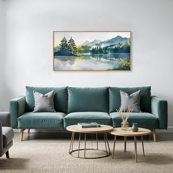 HPNIUB Large Green Mountain Framed Canvas Wall Art Set, Nature Foggy Forest Lake Reflection Wall Decor,Modern Pine Tree Artwork,Watercolor Landscape Art Print for Living Room,Bedroom,Office-20 x40