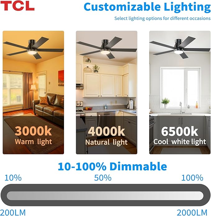 TCL 52" Black Ceiling Fan with Light and Remote, Modern LED 3-Color, 3CCT, Quiet Motor for Bedroom, Living Room, Dining Room, Ceiling Fans with Lights (Black)