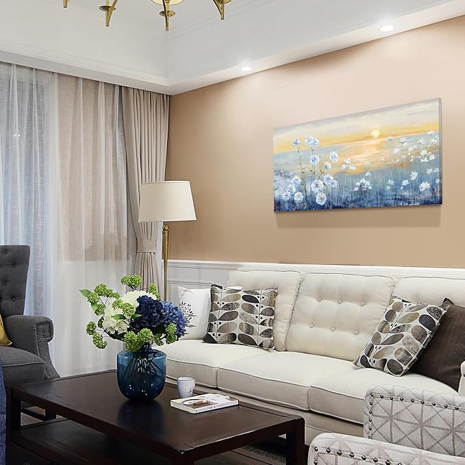 Blue Ocean Sunset Canvas Wall Art for Living Room Abstract Seascape Painting Coastal Beach Wildflowers Picture Natural Sea Landscape Print Sunrise With Yellow Orange Sky Seaside Artwork 20x40inch