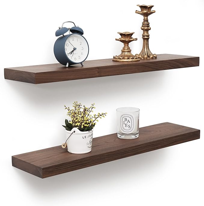 Axeman Walnut Floating Shelves for Wall - 24 Inch Wide x 6 Inch Deep Solid Walnut Wood Shelves Set of 2 - Natural Wooden Shelves for Room Wall Decor