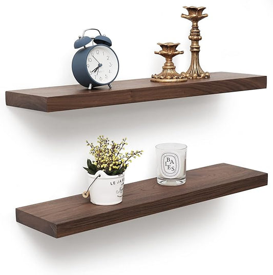 Axeman Walnut Floating Shelves for Wall - 24 Inch Wide x 6 Inch Deep Solid Walnut Wood Shelves Set of 2 - Natural Wooden Shelves for Room Wall Decor