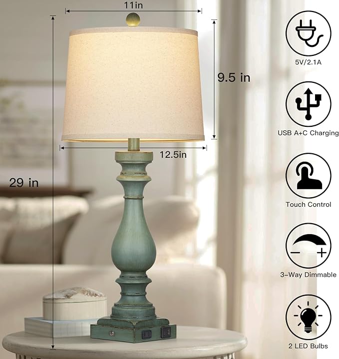 29" Tall Table Lamp for Living Room Set of 2,Vintage Bedside Nightstand Lamps with USB C+A Ports & AC Outlet,3-Way Dimmable Touch Control Retro Green Desk Lamp for Bedroom,Color 4