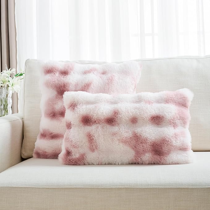 FUTEI Pink White Decorative Throw Pillow Covers 22x22 Inch Set of 2,Soft Fuzzy Faux Rabbit Fur Cushion Covers with Raised Texture,Neutral Boho Home Decor for Couch Bed Living Room