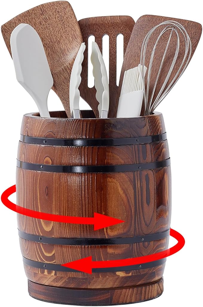 360° Rotating Wooden Utensil Holder, Wine Barrel-Shaped Utensil Crock for Kitchen Counter, Large Capacity Cooking Utensil Organizer & Spoon/Spatula Holder, Rustic Farmhouse Decor & Accessory