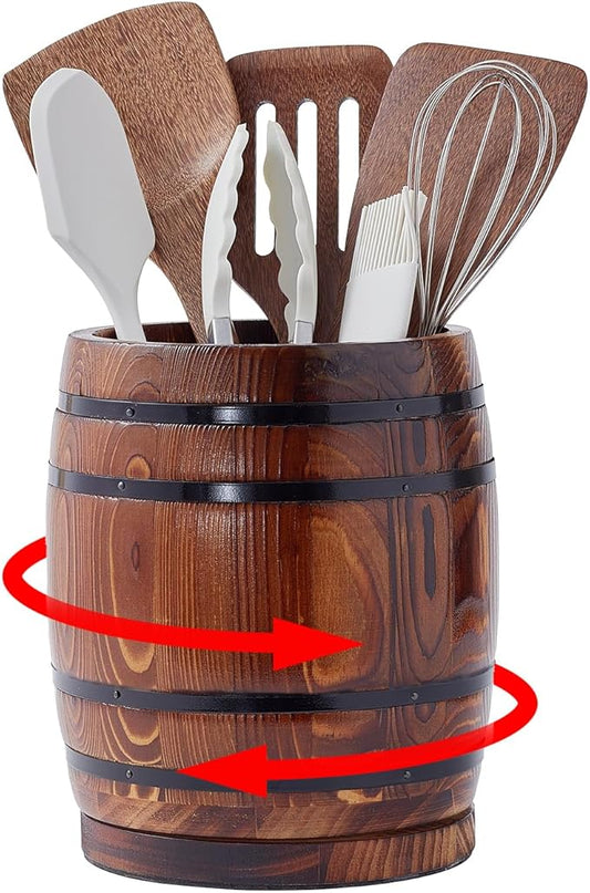 360° Rotating Wooden Utensil Holder, Wine Barrel-Shaped Utensil Crock for Kitchen Counter, Large Capacity Cooking Utensil Organizer & Spoon/Spatula Holder, Rustic Farmhouse Decor & Accessory
