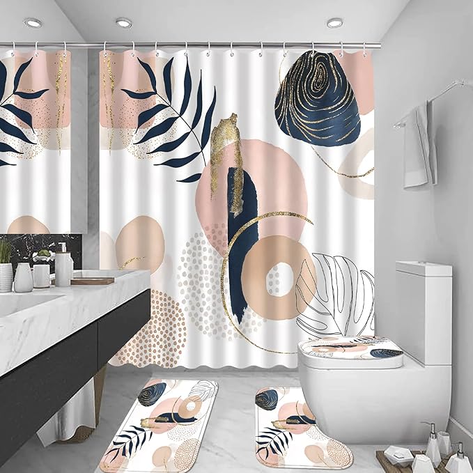 FZDHHY 4PCS Boho Cute Shower Curtains Set Modern Abstract Bathroom Set with Rugs, Minimalist Bathroom Decor Accessories Waterproof for Bathroom with Mat