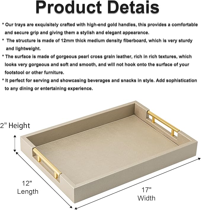 Champagne Faux Leather Serving Tray with Handles,17x12 inches, Large Decorative Tray for Ottoman Coffee Table Decor Living Room, Kitchen, Bathroom