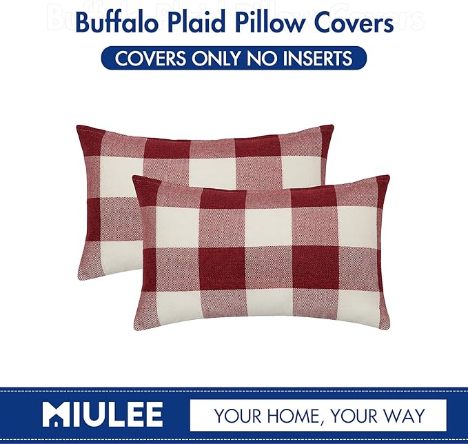 MIULEE Pack of 2 Farmhouse Checkers Buffalo Plaids Polyester Linen Soft Solid White and Red Decorative Throw Pillow Covers Home Decor Cushion Case for Sofa Bedroom 12 x 20 Inch