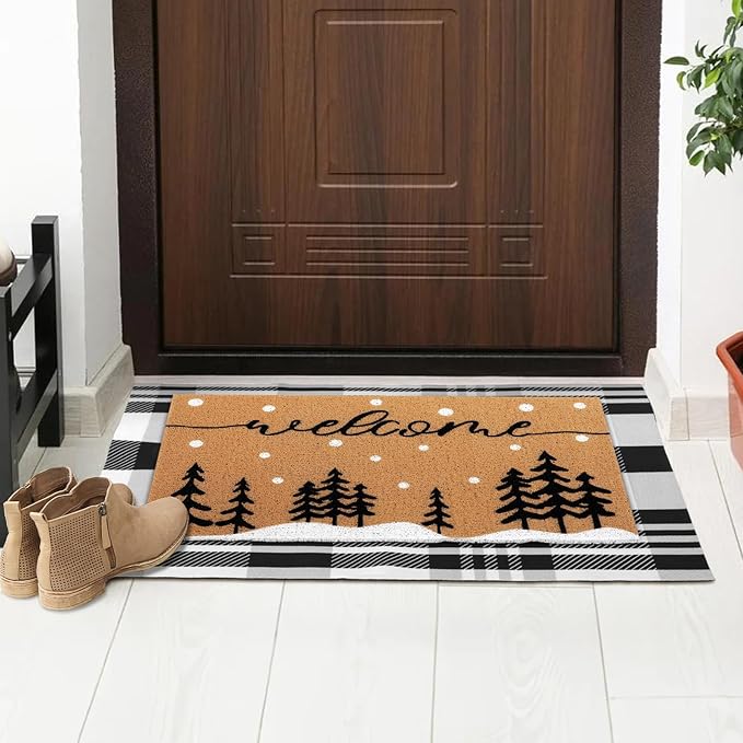 2 Pcs Door Mat Welcome Non Slip Coir Mats Floor Layering Doormats Seasonal for Front Porch Entryway Decor(Snowy Tree)