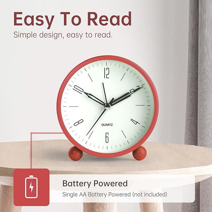 Analog Alarm Clock, 4 inch Super Silent Non Ticking Small Clock with Night Light, Battery Operated, Simple Design, Old Fashioned Style Wine-red Decor, for Bedroom, Bedside, Desk, Adult, Kid, Gift, Red