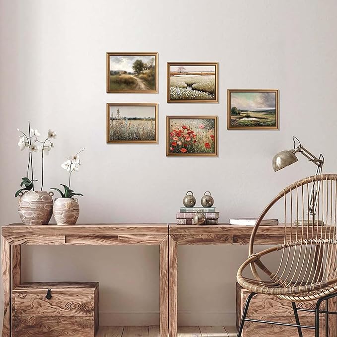 Framed Vintage Wall Art Classical Oil Painting Country Road Canvas Print Kitchen Living Room Farmhouse Wall Decor (Rural Trail, 16L x 12W)