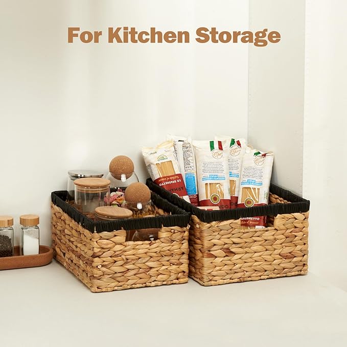 Wicker Baskets for Storage 2 Pack, Water Hyacinth Storage Baskets with Built-in Handles, Large Wicker Storage Baskets for Shelves & Organizing, Natural with Black, Size L & M