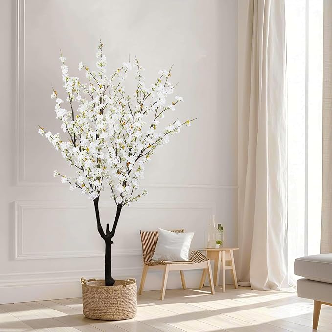 Faux White Cherry Blossom Tree 6ft(72in) Tall Artificial Plant Home Decor Handmade Natural Fake White Flower Tree for Wedding Realistic Silk Cherry Plant in Pot for Living Room,Office,Outdoor Decor.