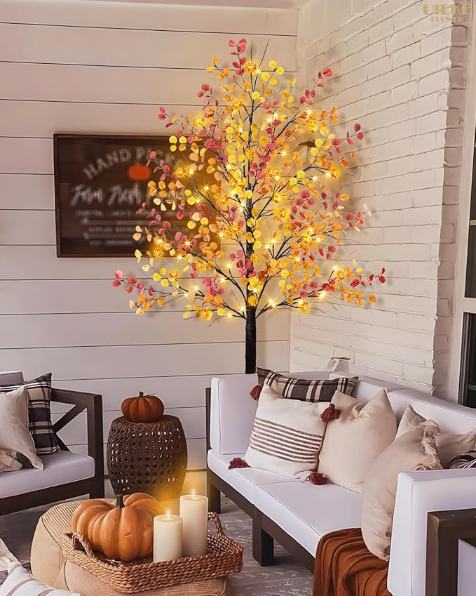 Uieke 6FT 96LED Lighted Thanksgiving Eucalyptus Tree Artificial Tree with 24PCS Pumpkin Lights 8 Modes Thanksgiving Fall Decorations for Home Autumn Decor Indoor Outdoor