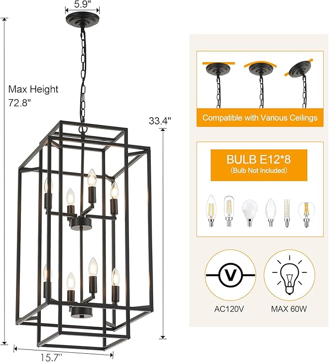 8-Light Black Chandelier,Semi Flush Light Fixture for Farmhouse with Metal Cage,E12 Bulb Socket and Adjustable Height for Dining Room,Kitchen Island,Living Room,Staircase, Entryway and indoor