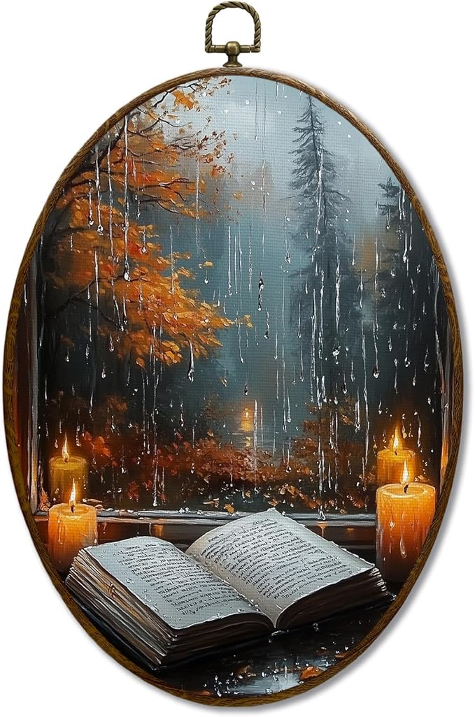 JQF Dark Academia Fall Rainy Oval Wall Art, Cottagecore Rainy Fall Candle Oval Canvas Wall Art, Dark Academia Bookish Framed Prints Hanging Decor for Home Bedroom Reading Room Library, 8.5x11.5 Inch