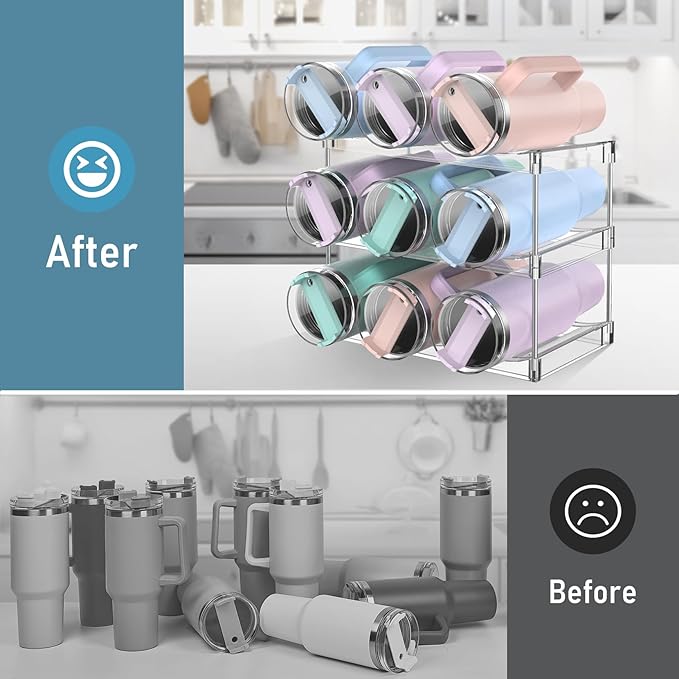 Water Bottle Organizer Stanley Cup Holder, 3-Tier Tumbler Storage, Stackable Water Bottle Holder for Kitchen Cabinet Pantry, Large Compartment fits 40 oz Tumblers, Stanley Accessories