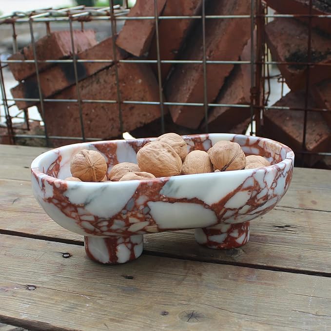 Natural Oval Calacatta Red Marble Fruit Bowl for Kitchen Counter 10", Large Decorative Bowl Two-Legs for Home Decor, Fruits Holder For Dining Table - Kitchen Organization