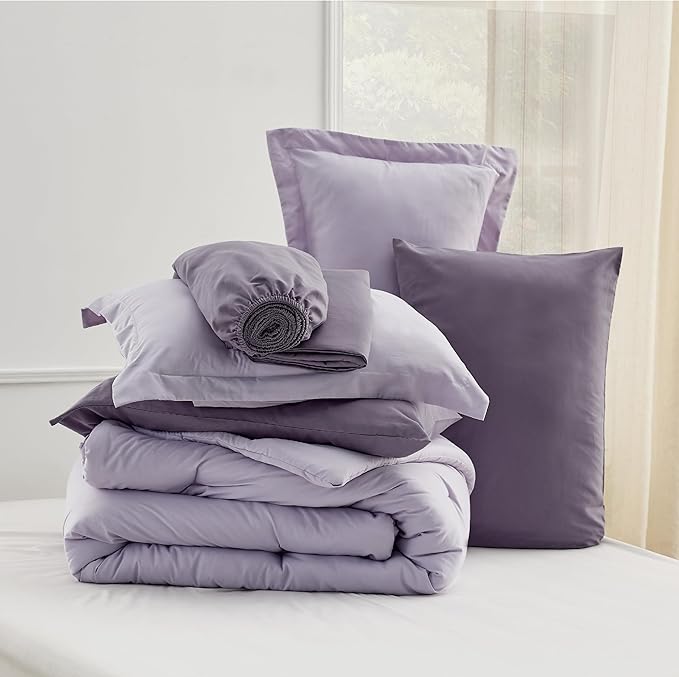 Bedsure Full Size Comforter Set - 7 Pieces Lavender Full Bedding Set for All Seasons, Boho Contrasting Design Bed in a Bag with Comforter, Sheets, Pillowcases & Shams