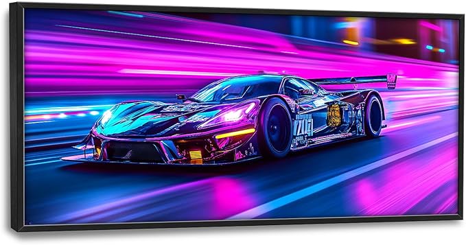 Flintis Large Racing Car Framed Wall Art Neon Race Supercar Pictures Wall Decor Abstract Colorful Car Canvas Painting Print Artworks Decor Framed for Living Room Bathroom Master Bedroom 60L X 30W