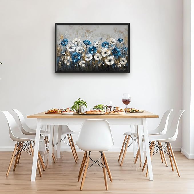 Flintis Large Blue and White Flowers Framed Wall Art Floral Pictures Wall Decor Abstract Landscape Canvas Painting Print Artworks Decor Framed for Living Room Bathroom Master Bedroom 36L X 24W