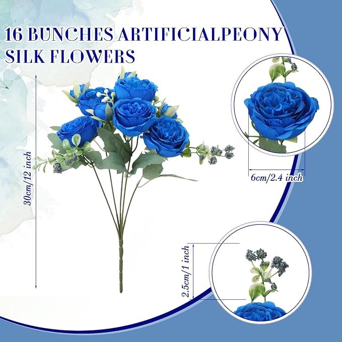 Geosar 8 Bundles Artificial Peonies Flowers Fake Silk Peony Bouquet Faux Peonies Flowers Bulk for Decoration Vase Florals Arrangements Wedding Party Table (Royal Blue,White)