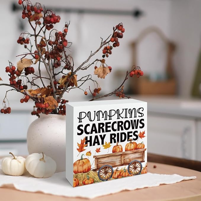 Autumn Wood Sign, Autumn Thanksgiving Wooden Decor, Tabletop Decor, Farmhouse Home Decors for Living Room, Office Decors, Decorative Wooden Box Sign, Pumpkins Scarecrows Hay Rides Signs A5