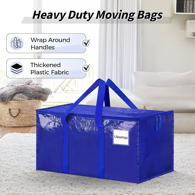 16 Pack Extra Large Heavy Duty Moving Bags, Blue Storage Bins with Lids, Reinforced Handles & Heavy-Duty Zippers Moving Boxes Storage Bags Totes for Clothes Packing, Dorms, College Supplies, Blue