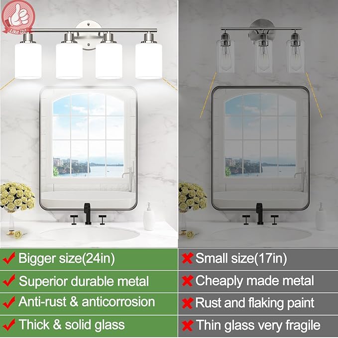 4-Light Bathroom Light Fixtures, Brushed Nickel Modern Vanity Lights with Milky White Frosted Glass Shades, Bathroom Wall Lamp for Mirror Kitchen Living Room