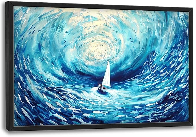 Sailboat Large Framed Wall Art Oversized Blue Sea Ocean Pictures Abstract Marine Nautical Fish Wall Decor Canvas Print Painting Aesthetic Modern Artwork for Living Room Bedroom Office Bathroom Home Decor 36L"x24W"