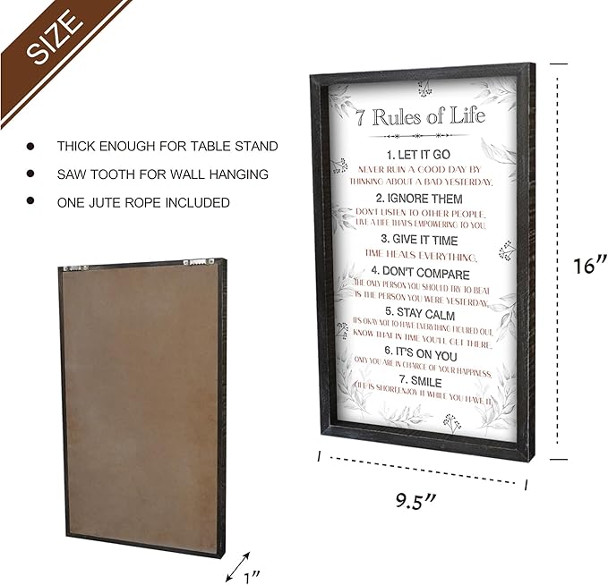 Positive 7 Rules of Life Wall Decor Sign - Affirmation Inspirational Life Attitude Plaque in Solid Wood 16x9.5 Inches Vertical - Motivational Framed Signs for Living Room