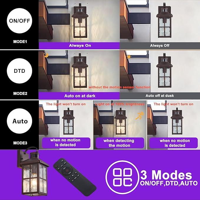 Porch Lights Outdoor with Remote Control: 2 Pack Motion Sensor Exterior Lighting Fixtures Intelligent 4 Lighting Modes Outdoor Wall Lights Sconce Lights for House Patio Front Door Garage