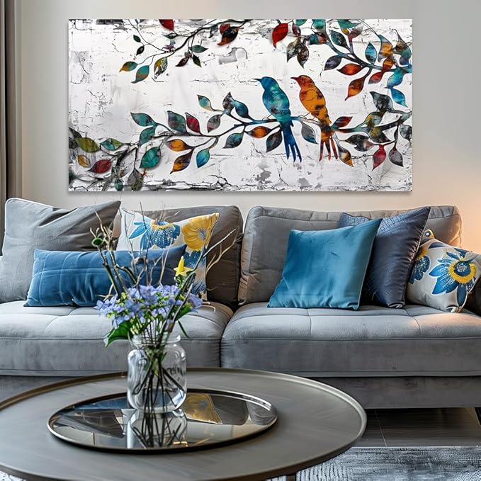 Wall Art Funny Paintings Colorful Birds on a Branch Art Mural Pop Art Home Office Wall Decor Framed Canvas Wall Decor for Living Room Ready to Hang - 58x28in