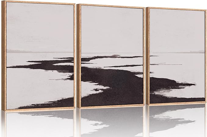 KAIRNE Abstract Neutral Lake Framed Wall Art Set, Neutral Shape Wall Painting, Abstract Black and Grey Landscape Wall Decor, Modern Watercolor Art Print for Living Room, Bedroom, Office - 16"x24"x3