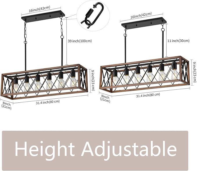Farmhouse Kitchen Island Lighting,6-Light Dining Room Light Fixtures Over Table,Rustic Chandelier Wood Grain Finish,Height Adjustable Farmhouse Light Fixture for Dining Room Kitchen Bar.