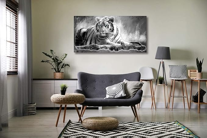Yxbhhym Animal Black and White Tiger Canvas Wall Art Picture Tiger Painting Print Gallery Wrap Office Bathroom Living Room Decoration Modern Home Art Framed Wall Art– 20X40inch