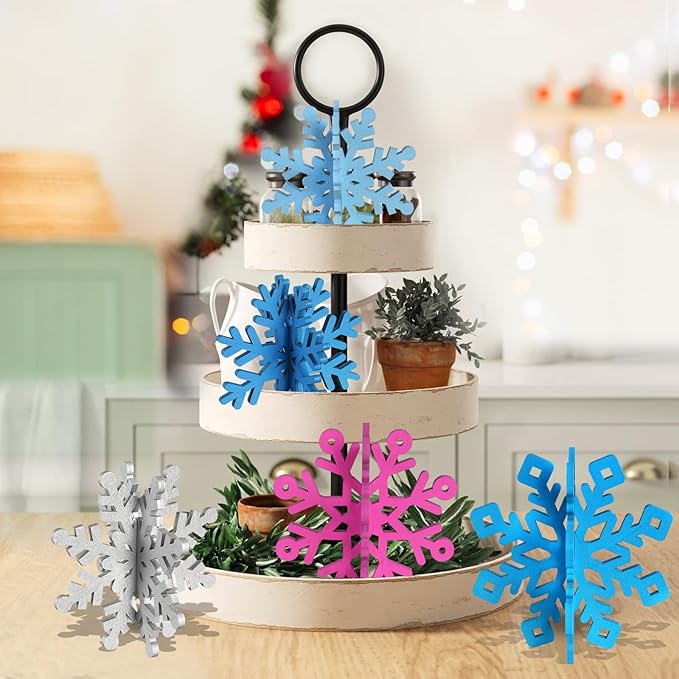 OuMuaMua 6 Sets Snowflake Christmas Table Decorations - 12pcs Blue Fuchsia Purple Sliver Wooden 3D Snowflake Decor Tabletop Centerpieces for Christmas Winter Wonderland Party Supplies Home
