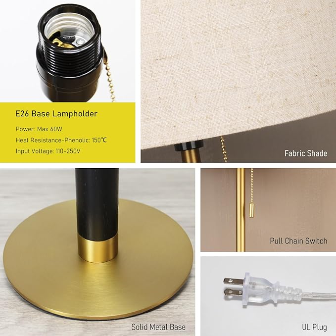 26.4" Set of 2 Modern Living Room Table Lamp for End Tables Bedside Lamps for Bedroom 3-Color Temperatures Pull Chain Switch Lamp Wood Fabric for Home/Office/Desk Decor (Light Brown+Brass)