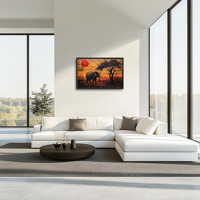 Elephant Framed Wall Art for Living Room, Large African Elephant Canvas Wall Decor, Wild Animal Sunset Picture Painting, Modern Artwork for Bathroom Bedroom 36L'' × 24W''