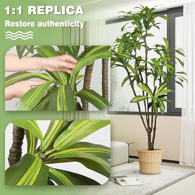 Faux Dracaena Tree 6.5ft(78in) Artificial Floor Plant for Indoor Decor Realistic Potted Tree with Texture Lifelike Leaves and Natural Wood Trunk for Home Living Room,Office Perfect Housewarming Gift