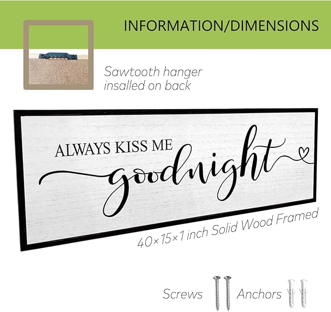 Always Kiss Me Goodnight Wall Sign 40''×15'' Vintage Master Bedroom Above Bed Farmhouse Wooden Framed Family Wall Decor for Larg Couples Over Bed Wall Art Decoration (Black)