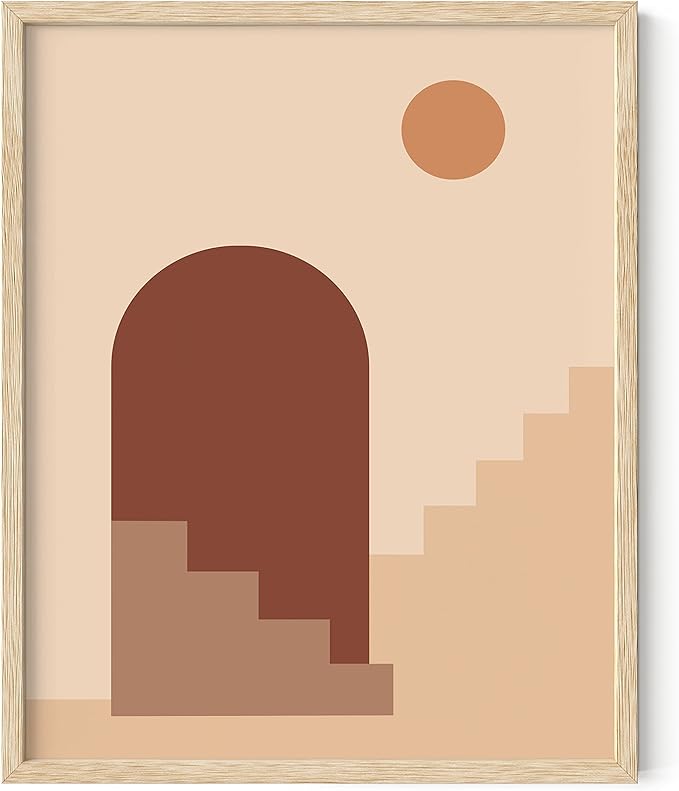 HAUS AND HUES Boho Art Prints Minimalist Decor - Boho Wall Art Mid Century Modern Decor, Minimalist Wall Art, Modern Art Wall Prints, Sun and Two Staircases (Beige Framed, 16x20)