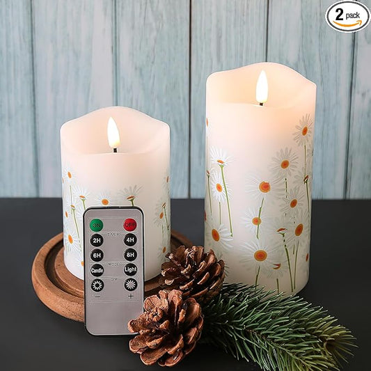 Eywamage White Floral Flameless Pillar Candles with Remote, Flickering Spring Daisy Battery LED Candles Set of 2