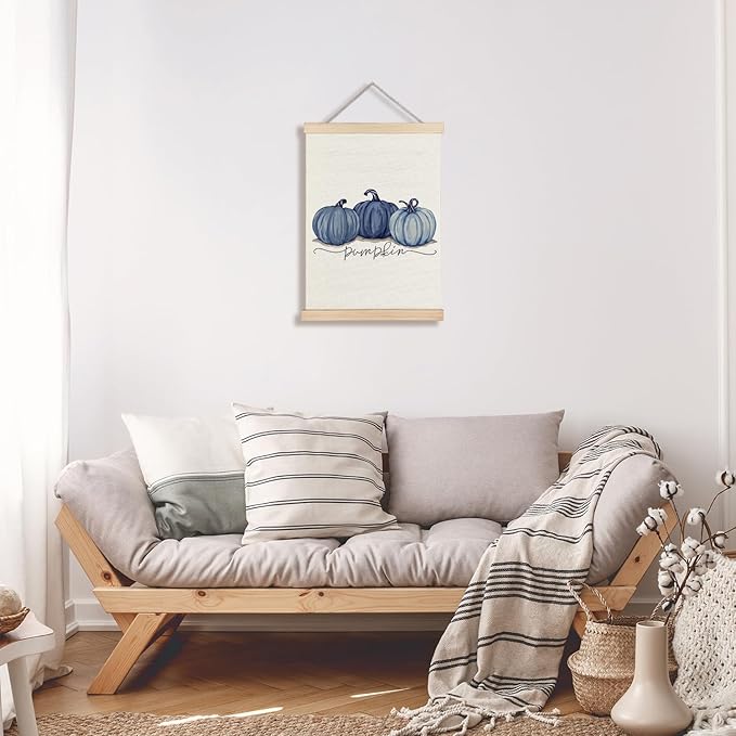 Supwhd Watercolor Fall Blue Pumpkin Wall Art with Wooden Poster Hanger, Fall Wall Decor, Fall Posters, Farmhouse Fall Pumpkin Autumn Harvest Thanksgiving Wall Art Decor, Fall Home Decor, 12x16