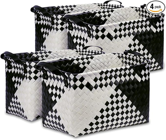 BROWNLILY Handwoven Clothes Basket Laundry Hampers Large Wicker Storage Baskets for Shelves Blankets Closet Storage Bins Car Bedroom Bathroom Organizers and Storage Bath (Pack of 4, Beige & Black)